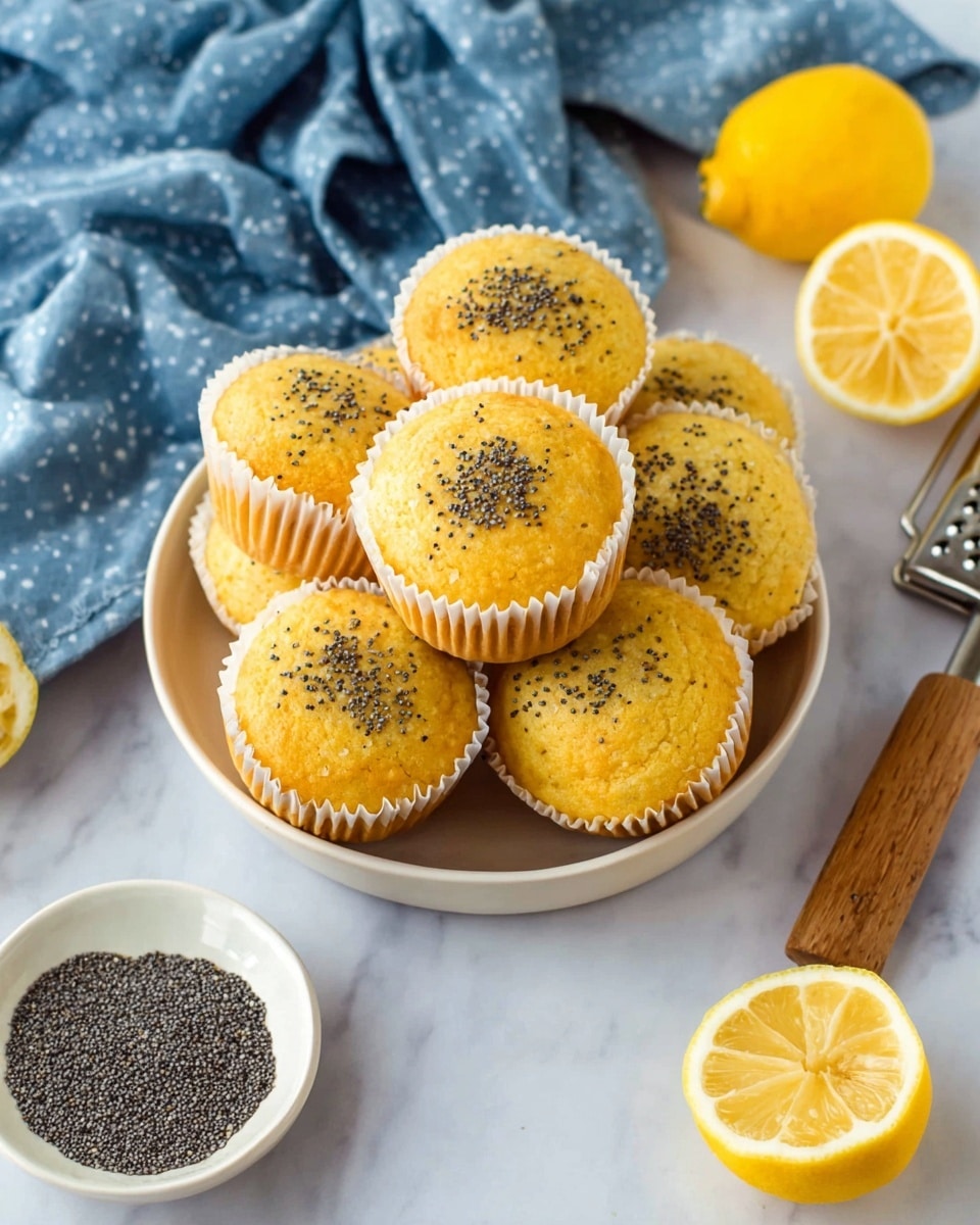 A white bowl is filled with about a dozen lemon poppy seed muffins, each wrapped in white paper liners. The muffins have a smooth, golden-yellow top speckled with small black poppy seeds. The bowl sits on a white marbled surface, surrounded by a whole lemon and halves of lemon. To the left, a metal grater with a light wooden handle lies flat, and to the lower right, a small white dish holds a pile of dark poppy seeds. A crumpled blue cloth with white patterns is placed in the upper right corner. Photo taken with an iphone --ar 4:5 --v 7