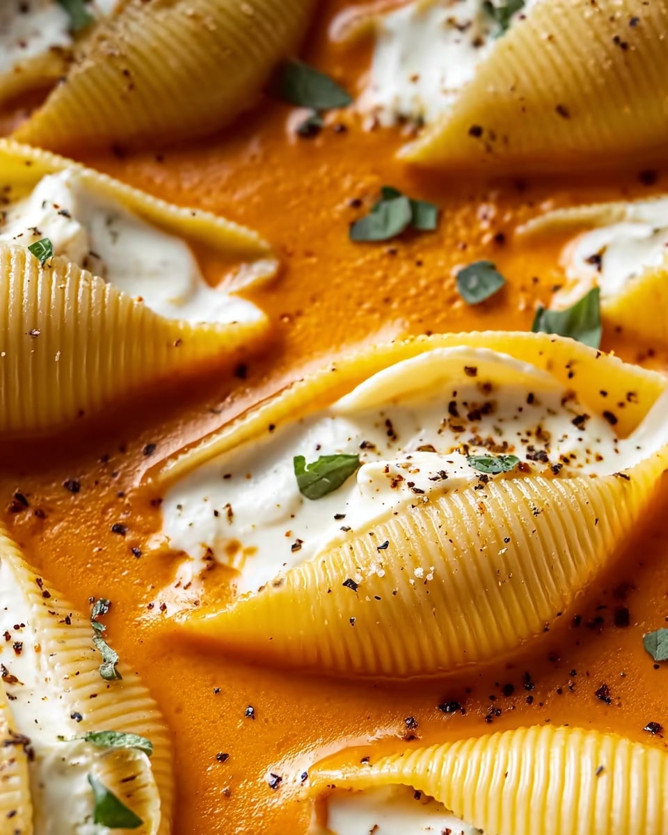 Close-up view of large pasta shells, each filled with a smooth, white creamy filling. The shells are golden-yellow with ribbed textures and arranged closely in a thick, rich orange sauce that spreads evenly across the bottom. The shells have small dark green herb bits sprinkled on top along with a light dusting of black pepper. The entire dish is set on a white marbled texture surface. photo taken with an iphone --ar 4:5 --v 7