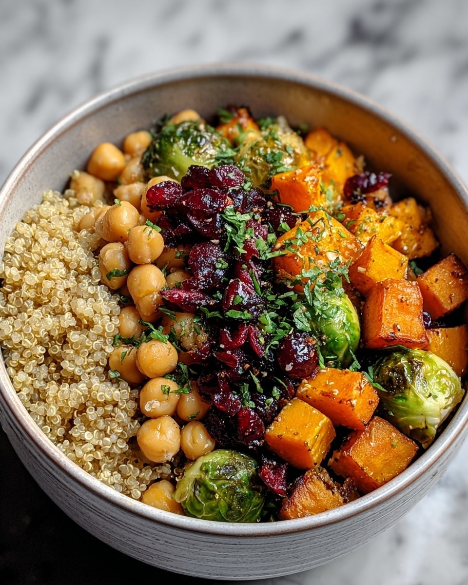 A white bowl filled with three distinct layers: the bottom layer is light beige quinoa with a fluffy, grainy texture, the middle layer has bright orange roasted sweet potato cubes with a slightly crisp surface, and the top layer features pale beige chickpeas, dark red dried cranberries, roasted Brussels sprouts with a browned exterior, and a sprinkle of fresh green chopped herbs in the center, all set on a white marbled textured surface. photo taken with an iphone --ar 4:5 --v 7