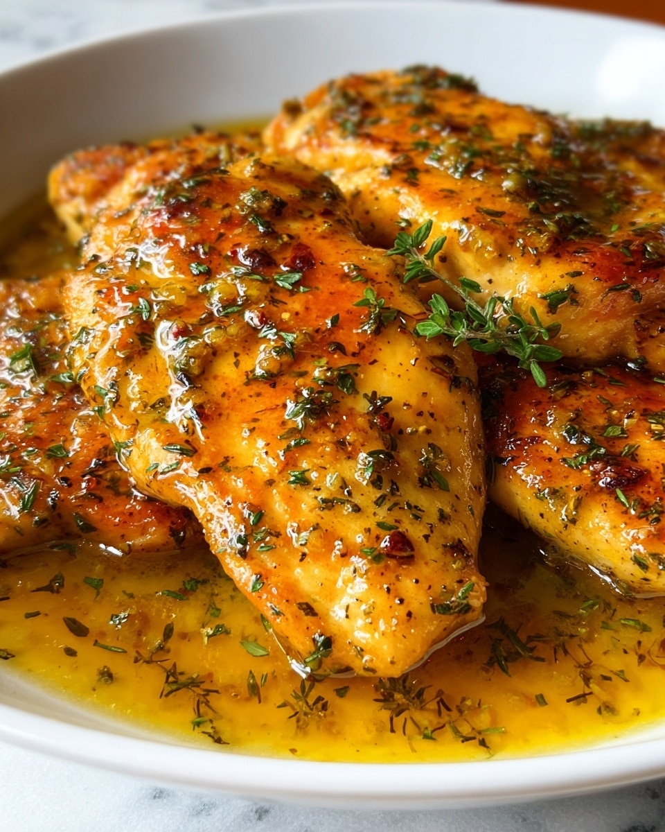 A close-up view of golden brown cooked chicken breasts, covered with a shiny, rich yellow-orange sauce that pools around the pieces inside a white bowl; the chicken is garnished with finely chopped green herbs scattered evenly on top, adding texture and color contrast, with the sauce giving a glossy, slightly oily look and visible seasoning flecks, all resting on a white marbled surface in soft natural light. photo taken with an iphone --ar 4:5 --v 7