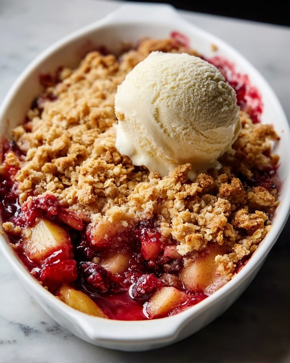 A white oval dish holds a fruit crumble dessert with three clear layers: the bottom layer is a bright red mix of cooked berries and soft fruit pieces, the middle layer is a golden-brown crumb topping with a coarse, crunchy texture, and the top layer features a smooth, creamy round scoop of pale vanilla ice cream placed in the center, slightly melting around its base. The dish sits on a white marbled surface. photo taken with an iphone --ar 4:5 --v 7