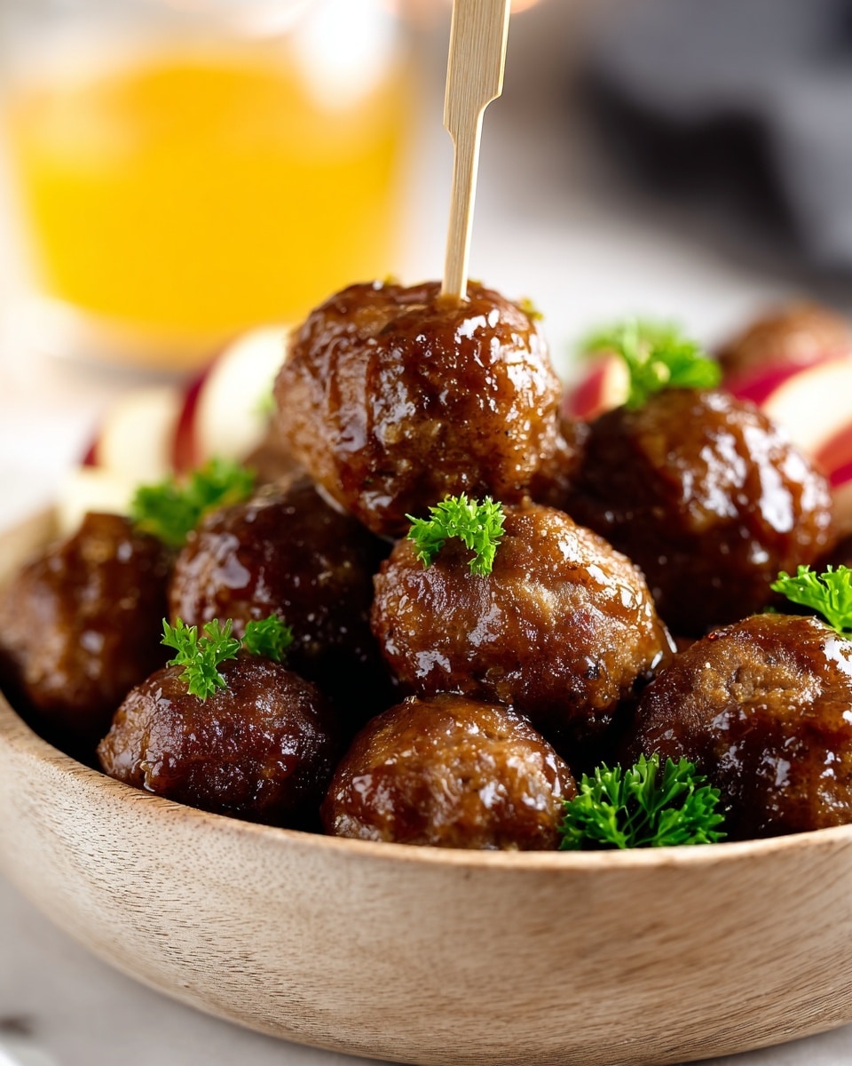 A close-up view of a white wooden bowl filled with about two layers of shiny, brown glazed meatballs, each with a slightly textured and browned surface. The top meatball skewered by a small wooden stick stands out in the center, garnished with small green parsley leaves scattered on and around the meatballs. Pieces of red and white apple slices peek from the edges of the bowl. The bowl sits on a white marbled textured surface, with a soft blurred background including a glass of orange-yellow liquid. photo taken with an iphone --ar 4:5 --v 7