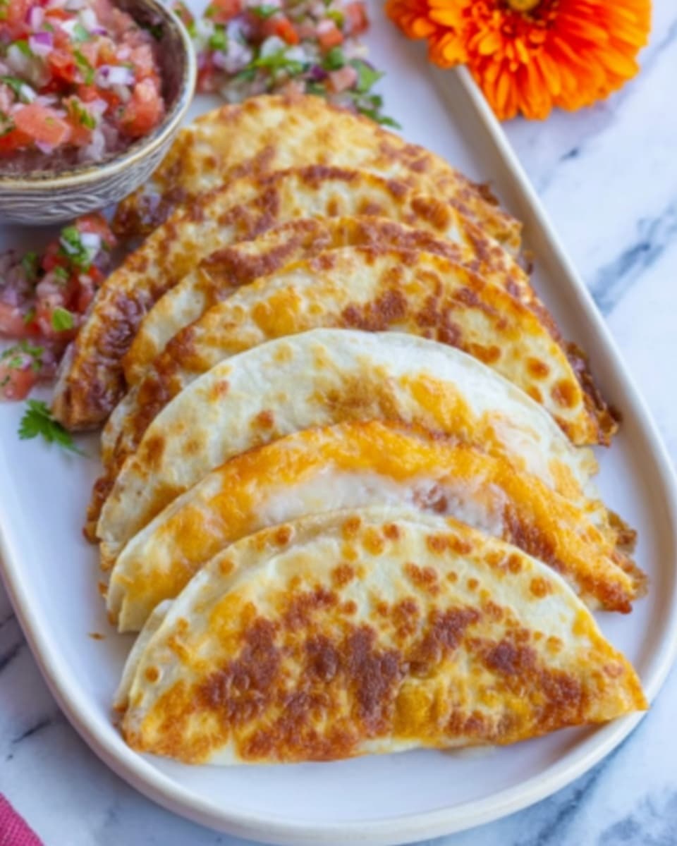 The image shows a row of six folded quesadillas on a long white plate, each with a golden-brown, slightly crispy outer layer and melted cheese peeking through the edges. The quesadillas have uneven browning with a mix of light and darker golden spots, suggesting they were cooked on a hot surface. Behind the plate, there is a small bowl of colorful salsa with diced red tomatoes, green herbs, and onion. The background features a white marbled surface with a bright orange flower adding a pop of color to the corner. Photo taken with an iphone --ar 4:5 --v 7