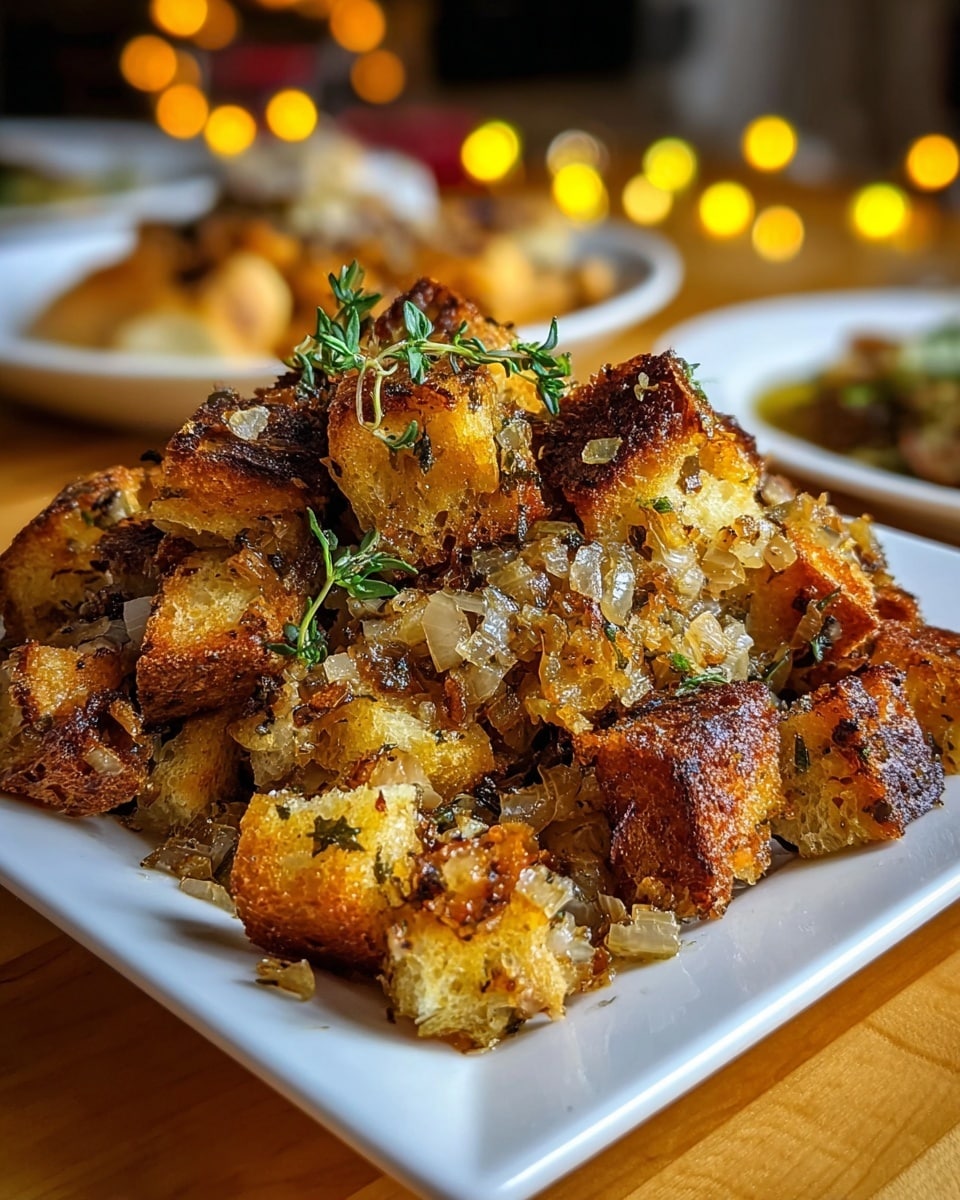 A close-up view of a dish with roughly two layers of golden brown toasted bread cubes mixed with cooked finely chopped onions, all seasoned with herbs like thyme, which is garnished lightly over the top. The texture looks crispy on the outside and soft inside, with visible caramelized bits and small green herb sprigs placed decoratively. The food is served on a white square plate placed on a wooden table, and the background shows blurred warm yellow lights and other dishes. photo taken with an iphone --ar 4:5 --v 7