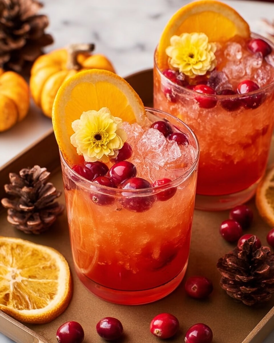 Two clear glasses filled with a drink that has an amber and orange color gradient, topped with clear ice cubes. Each glass has several deep red cranberries floating and a round slice of bright orange placed on the rim. A small yellow flower is tucked between the orange slice and the glass. The glasses sit on a round metal tray with a rustic finish, surrounded by scattered cranberries and pinecones. In the background, there is a white pumpkin with yellow spots, all placed on a white marbled textured surface. Photo taken with an iphone --ar 4:5 --v 7