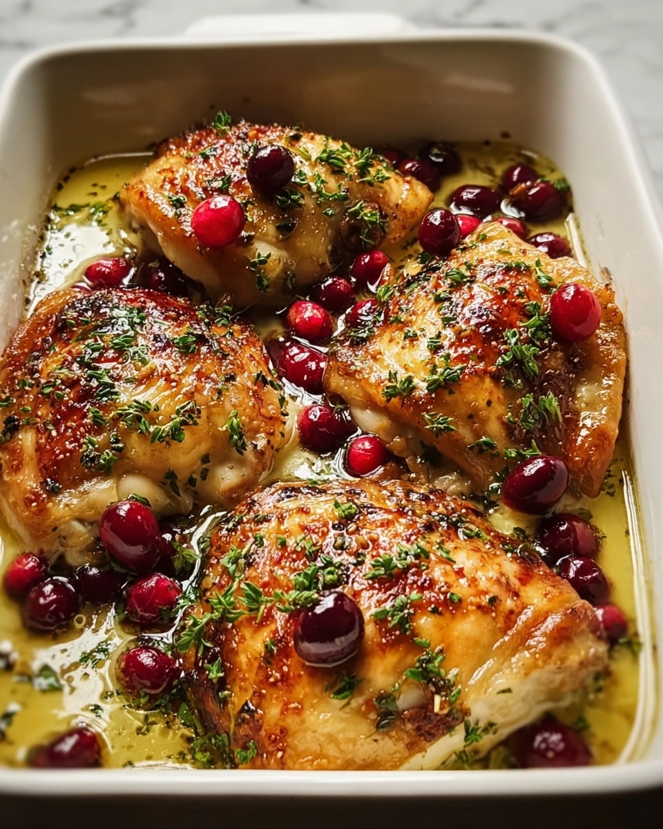 The dish shows four golden-brown pieces of baked chicken thighs in a white baking dish, each piece topped with bright red cranberries and sprinkled with finely chopped green herbs. The chicken has a shiny, slightly crispy skin with a rich glaze that pools lightly around the chicken, creating a glossy texture. The cranberries add small pops of deep red color scattered evenly on the surface of each piece, contrasting with the warm tones of the chicken and the fresh green herbs. The dish is set on a white marbled surface, emphasizing the rich colors of the food. photo taken with an iphone --ar 4:5 --v 7