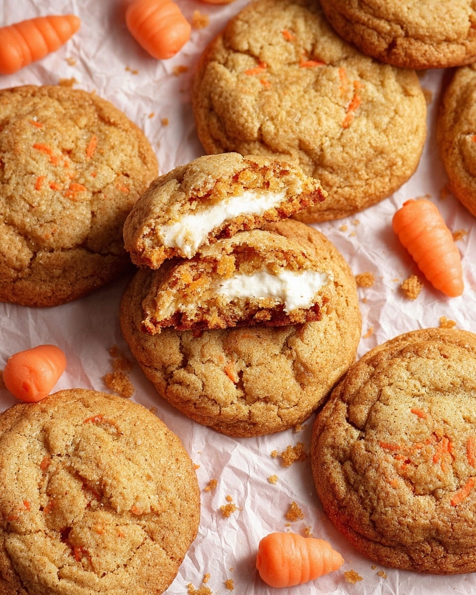 A close-up view showing a group of soft, round carrot cookies with light orange specks throughout, placed on crumpled parchment paper over a white marbled surface. The cookies have a slightly cracked top layer with a golden brown color and visible bits of grated carrot. Two cookies are broken in half, revealing a thick, creamy white filling inside, contrasting with the darker outer cookie layers. Small, decorative orange carrot-shaped candies are scattered around the cookies. Photo taken with an iphone --ar 4:5 --v 7