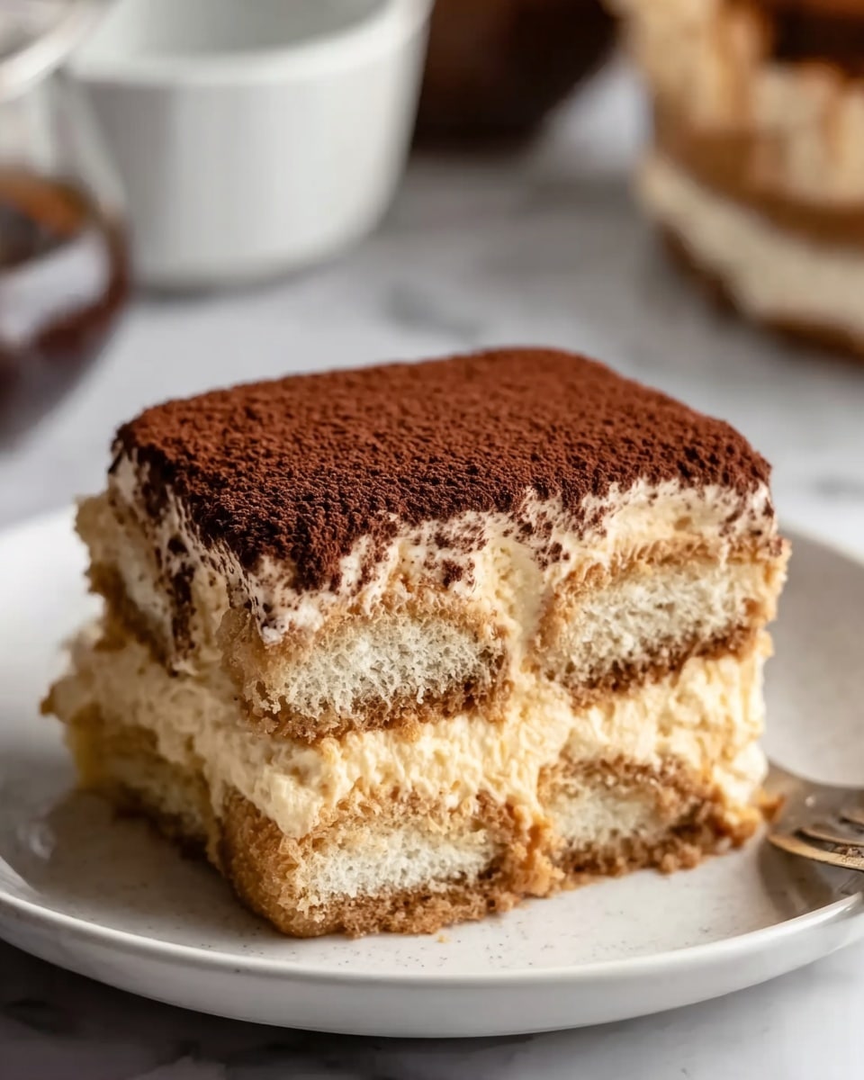 A slice of tiramisu dessert is shown on a white plate placed on a white marbled surface. The tiramisu has three visible layers: the bottom and middle layers consist of soft, soaked white cake pieces with a light brown coffee color on the edges, while between and above these cake layers is a thick, creamy, pale yellow layer with a smooth texture. The top layer is a fine, dark brown cocoa powder dusting spread evenly across the surface. The dessert looks soft and rich. Photo taken with an iphone --ar 4:5 --v 7