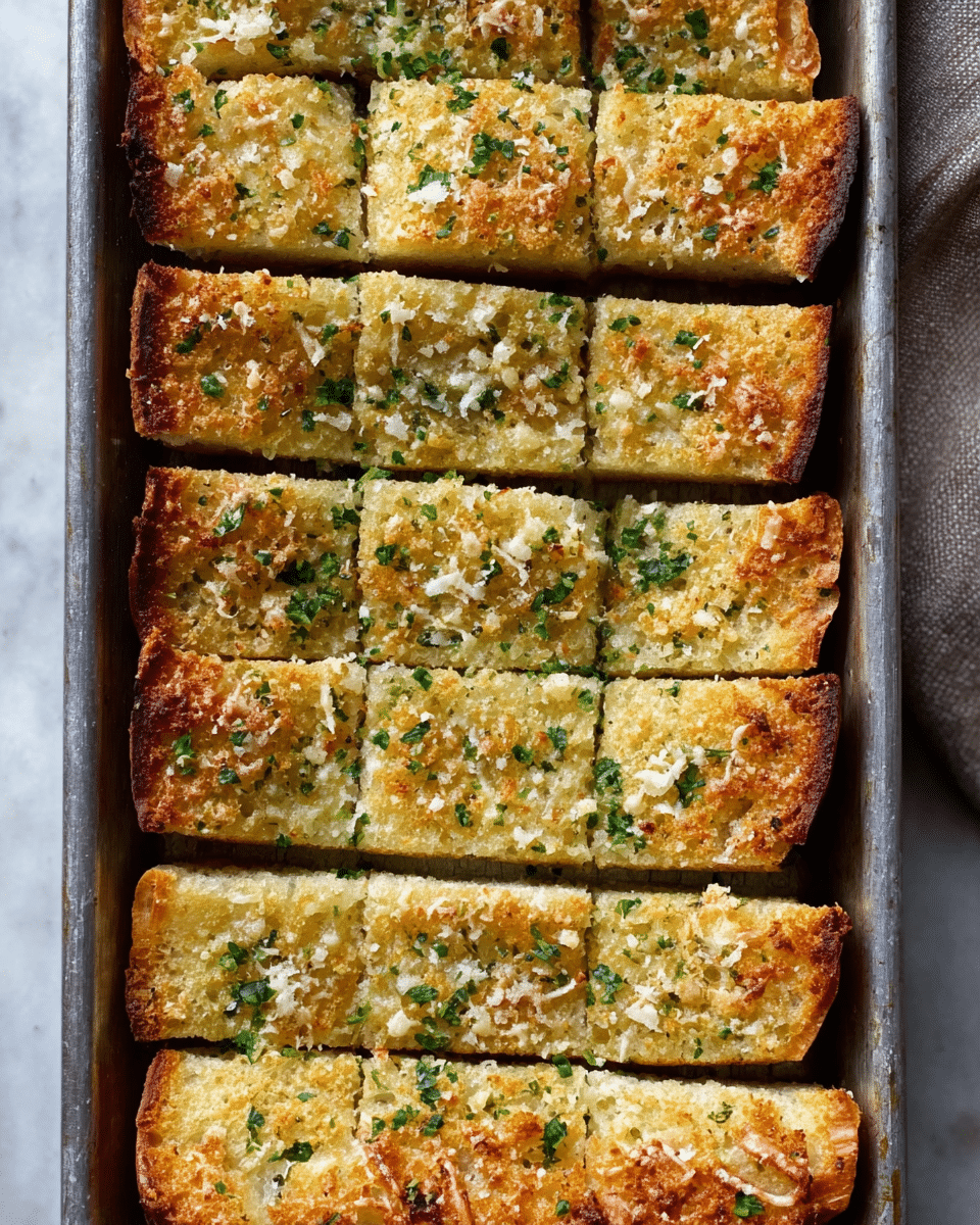 The image shows a metal baking tray with eight thick, rectangular pieces of garlic bread arranged in two rows of four. Each piece has a golden-brown crust with a slightly crispy texture, topped with finely grated white cheese and small bits of chopped green herbs scattered evenly across the surface. The bread's top has a bubbly, toasted look with a light sprinkle of seasoning. The tray rests on a white marbled surface. Photo taken with an iphone --ar 4:5 --v 7