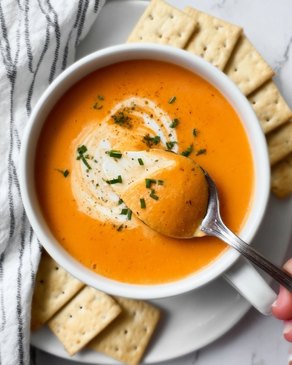 A white bowl filled with smooth orange soup topped with a dollop of cream and sprinkled with chopped green herbs. A spoon is scooping some soup, held by a woman's hand. Next to the bowl, white crackers are arranged neatly on the white marbled surface. photo taken with an iphone --ar 4:5 --v 7