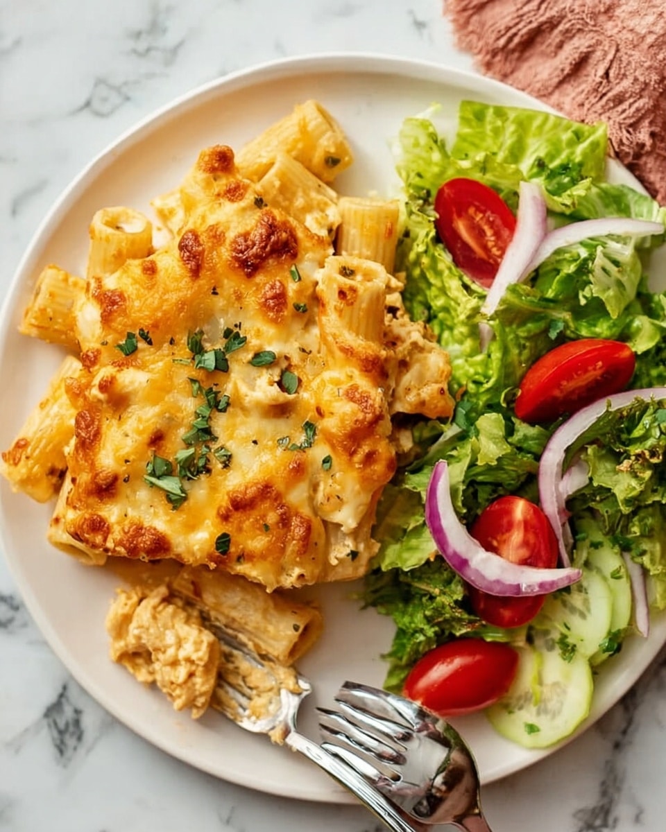 A white plate holds a serving of baked cheesy pasta on the left side, layered with rigatoni covered in creamy melted cheese that is golden and bubbly on top, garnished with small pieces of green herbs. On the right side, there is a simple fresh salad made of bright green lettuce leaves, sliced red cherry tomatoes, small white cucumber pieces, and thin purple onion slices. The plate is set on a white marbled surface with a woman's hand holding a fork partially visible below the pasta. Photo taken with an iphone --ar 4:5 --v 7
