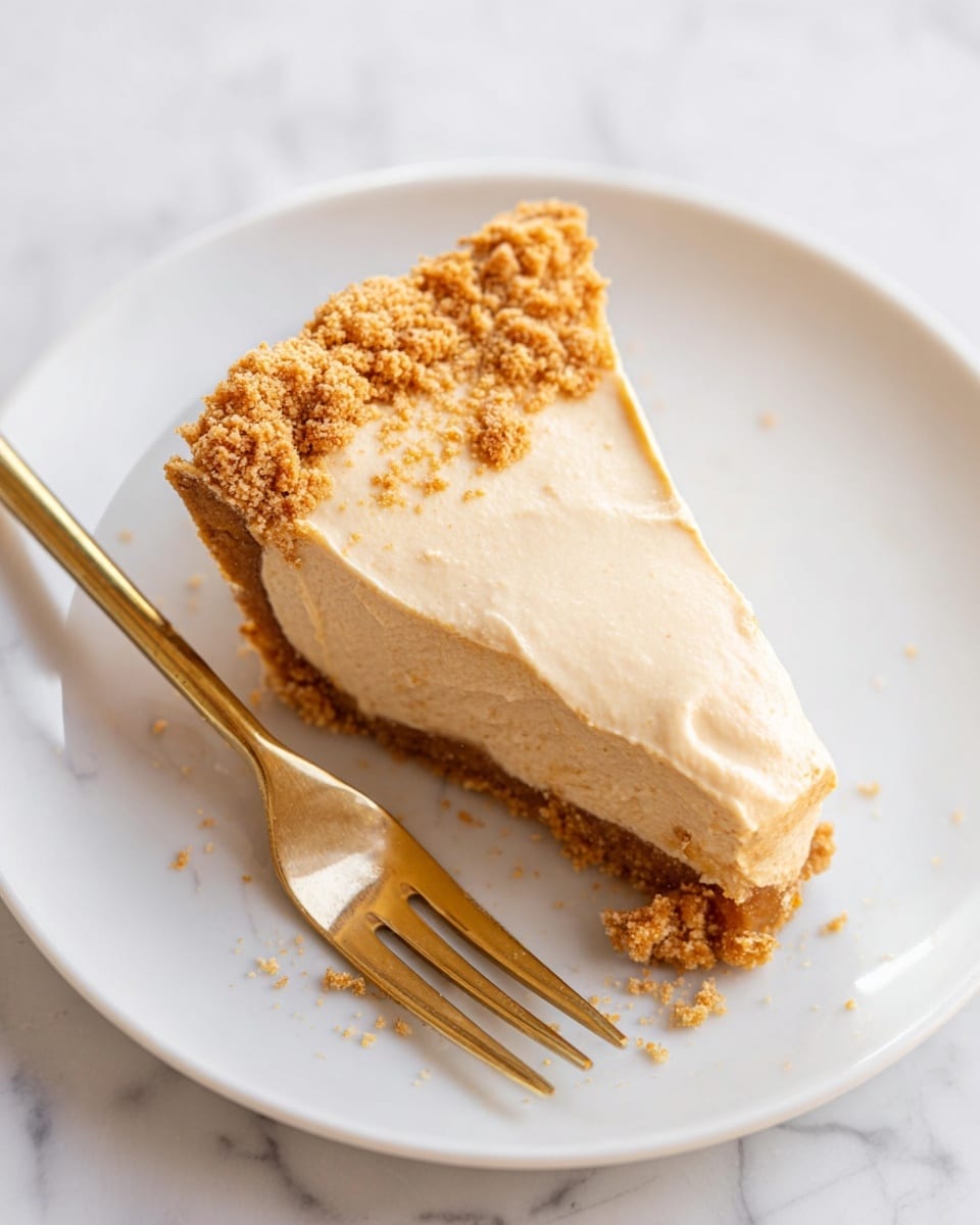 A single slice of pie sits on a white plate over a white marbled texture. The pie has two visible layers: a light brown creamy top layer with a smooth texture and a crumbly golden brown crust at the bottom, with extra crumbs scattered on top and around the edges. A gold fork lies next to the slice on the plate, reflecting light softly. photo taken with an iphone --ar 4:5 --v 7