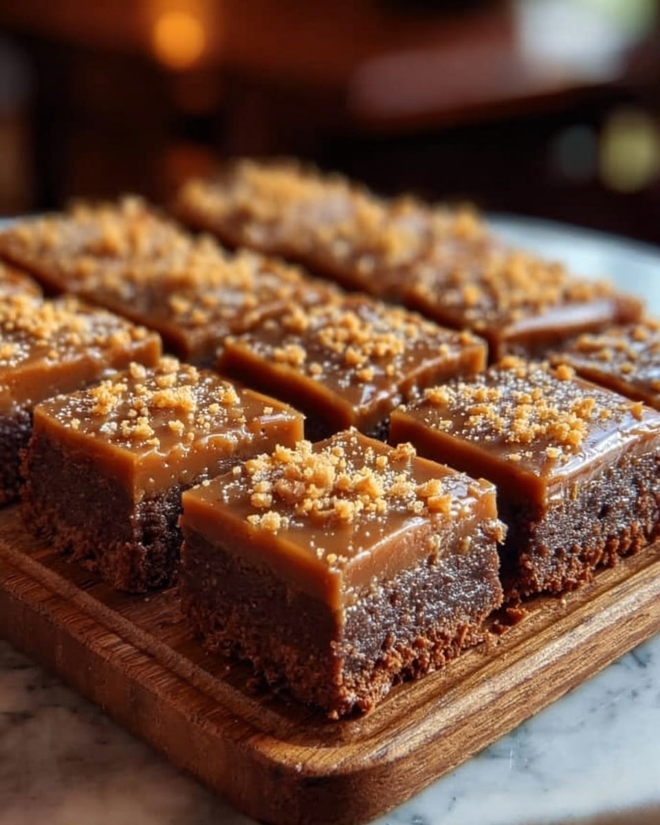 The image shows nine square pieces of rich chocolate cake arranged closely on a wooden board, each piece topped with a smooth layer of glossy caramel frosting. The caramel topping has a light brown color and is sprinkled evenly with small crunchy bits, adding texture and contrast. The cake itself looks moist and dense with a darker chocolate tone, visible beneath the shiny caramel layer. The wooden board rests on a white marbled surface with a softly blurred background of warm, natural light. photo taken with an iphone --ar 4:5 --v 7
