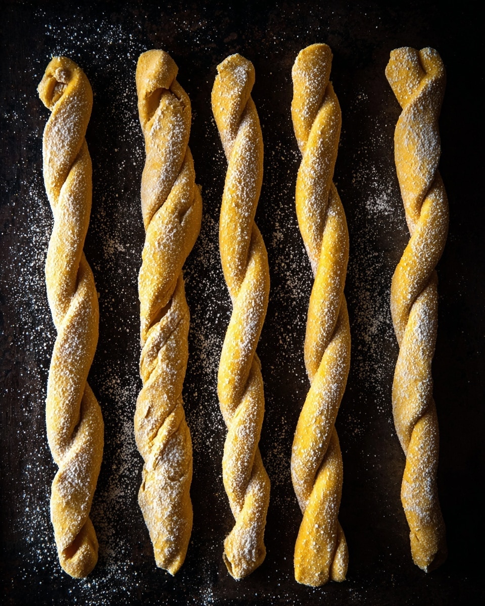 Six twisted dough sticks dusted with flour are laid out on a dark baking tray with some scattered flour around. Each dough stick has a rough and slightly cracked surface with a golden-brown color showing a mix of lighter and darker shades from baking. The twists are thick and uneven, some ends tucked under or overlapping slightly. The dark tray contrasts with the light flour dusting on the dough, making the texture of the dough very clear. photo taken with an iphone --ar 4:5 --v 7