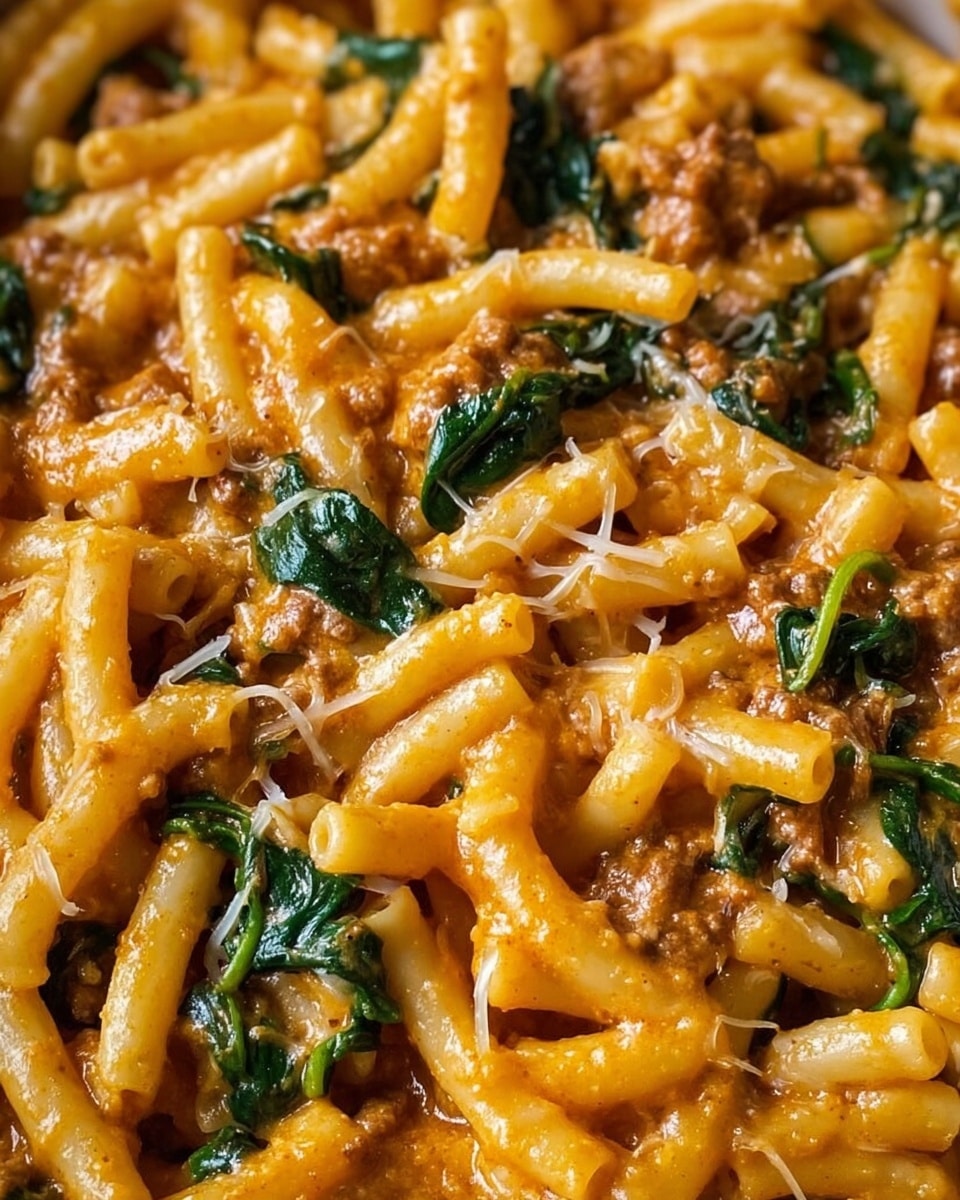 The image shows a close-up of a pasta dish with short tubular noodles coated in a rich, creamy orange sauce. The sauce is thick and smooth, mingled with bits of browned ground meat and wilted dark green spinach leaves scattered throughout. Some melted cheese strands stretch between the pasta pieces, adding a glossy texture. The colors mainly include the pale yellow noodles, vibrant green spinach, and warm orange sauce, giving the dish a hearty and comforting look. The photo taken with an iphone --ar 4:5 --v 7