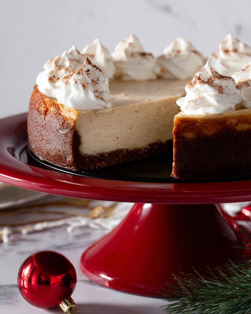 A close-up image of a cheesecake cut to show two main layers: a thick, dark brown crust at the bottom with a dense and smooth light beige cream cheese layer above it. On top of the creamy layer, there are several white dollops of whipped cream, each with a smooth, peaked texture and lightly dusted with a fine brown powder. The cheesecake sits on a shiny red cake stand with a rounded pedestal base, placed on a white marbled surface. In the foreground, there is a blurred red Christmas ornament and some green pine needles, giving a festive feeling. Photo taken with an iphone --ar 4:5 --v 7