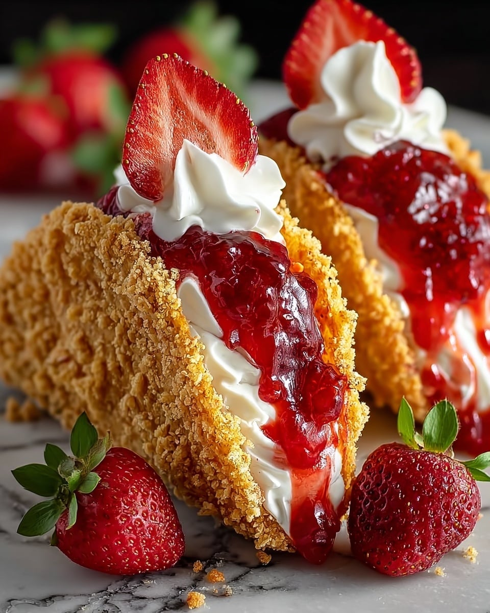 Two fried taco-shaped shells with a golden crumb coating stand side by side on a surface with a white marbled texture. Each shell is filled with a thick layer of white creamy filling, topped with a generous coating of glossy red strawberry jam that drips slightly out of the shell, and finished with a dollop of white whipped cream. Sitting on the whipped cream of each taco half is a fresh red strawberry slice with green leaves attached. Whole strawberries with green leaves are scattered around the base of the taco shells. Photo taken with an iphone --ar 4:5 --v 7