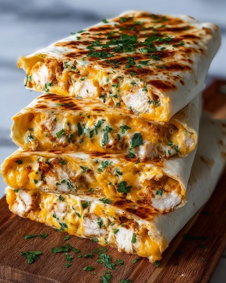 Three folded burritos are stacked on a wooden board, each showing a cross-section filled with three main layers: warm, slightly browned tortilla on the outside with golden grill marks, a thick layer of melted orange-yellow cheese inside, and chunks of grilled white chicken mixed with green chopped herbs nestled within the cheese. The top burrito has some finely chopped herbs sprinkled on it, adding bright green color to the warm tones. The wood board sits on a white marbled surface. photo taken with an iphone --ar 4:5 --v 7