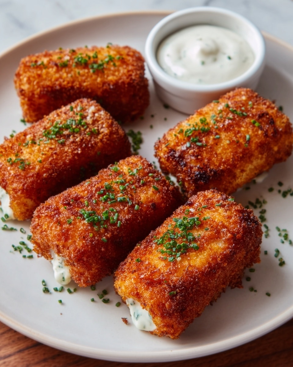A white plate holds five golden-brown, crispy rectangular croquettes stacked in a small pile. The croquettes have a crunchy texture with some darker spots showing crispiness and they are sprinkled with finely chopped green herbs. In the background, there is a white bowl filled with a creamy white dipping sauce. The surface beneath the plate is a white marbled texture. photo taken with an iphone --ar 4:5 --v 7