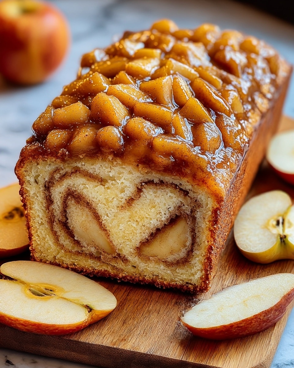The image shows a loaf cake with one slice cut and laid flat in front of it. The cake has two main layers: a soft, light brown inner cake with a swirl of cinnamon filling, and a generous topping of golden, glossy apple pieces coated with a cinnamon glaze. The apple pieces on top are chunky and shiny, covering the entire surface of the loaf. The cake rests on a dark wooden board with thin slices of apple scattered around, all set on a white marbled textured background. photo taken with an iphone --ar 4:5 --v 7