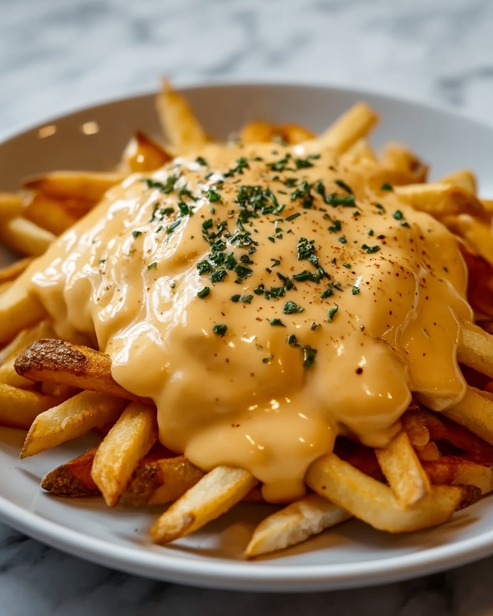 A close-up image of a pile of golden brown French fries on a white plate, topped with a thick, creamy light orange sauce that drapes over the fries in a smooth and glossy texture. The sauce is sprinkled with small green herb pieces and a few coarse ground black spices. The fries underneath have a slightly crisp and rough texture. The background shows a white marbled texture. Photo taken with an iphone --ar 4:5 --v 7