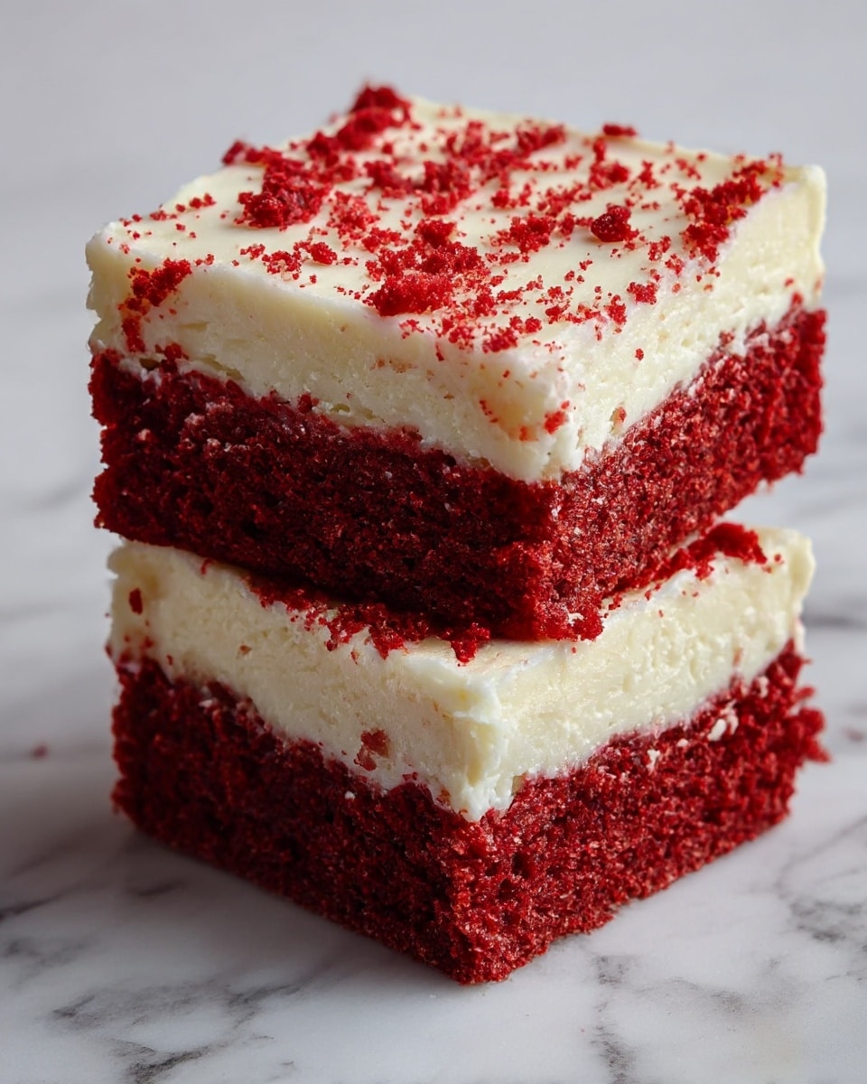 The image shows two square pieces of red velvet cake stacked on a white marbled surface. Each piece has two layers: a thick bottom layer of moist, deep red cake with a rough texture and a smooth, thick top layer of creamy white frosting. The frosting layer is slightly uneven but clean, with red cake crumbs sprinkled generously on top, adding a contrast in color and texture. The overall look is rich and soft with vibrant red and white colors. photo taken with an iphone --ar 4:5 --v 7