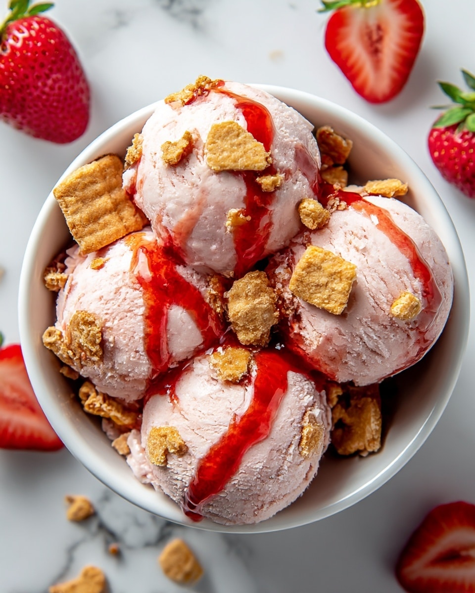 A white bowl filled with three scoops of light pink strawberry ice cream sits at the center of a white marbled surface. The ice cream is topped with a bright red strawberry syrup drizzled unevenly over each scoop, creating shiny streaks. Small, crunchy, golden brown cookie pieces are scattered over the ice cream, adding texture. Around the bowl, fresh whole and sliced strawberries add bright red and green colors, enhancing the fresh and sweet look of the dessert. Photo taken with an iphone --ar 4:5 --v 7