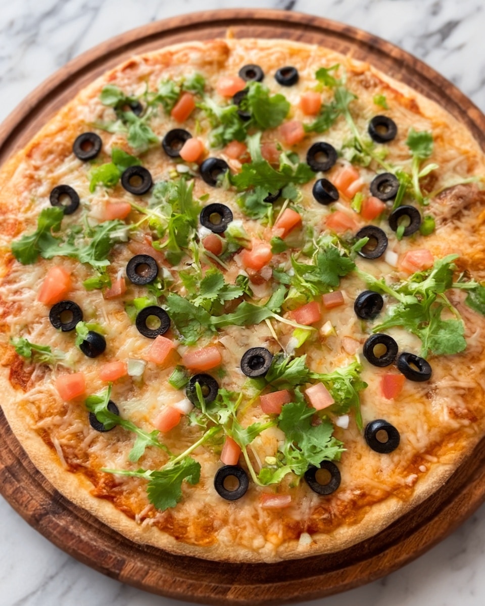 A round pizza with a thin, golden brown crust sits on a wooden board. The pizza has a layer of melted cheese covering the base, topped with scattered small green leaves that look fresh and soft. Black olive slices are spread evenly across the whole surface, along with small diced pieces of light pink tomatoes. The pizza is placed on a white marbled surface. Photo taken with an iphone --ar 4:5 --v 7