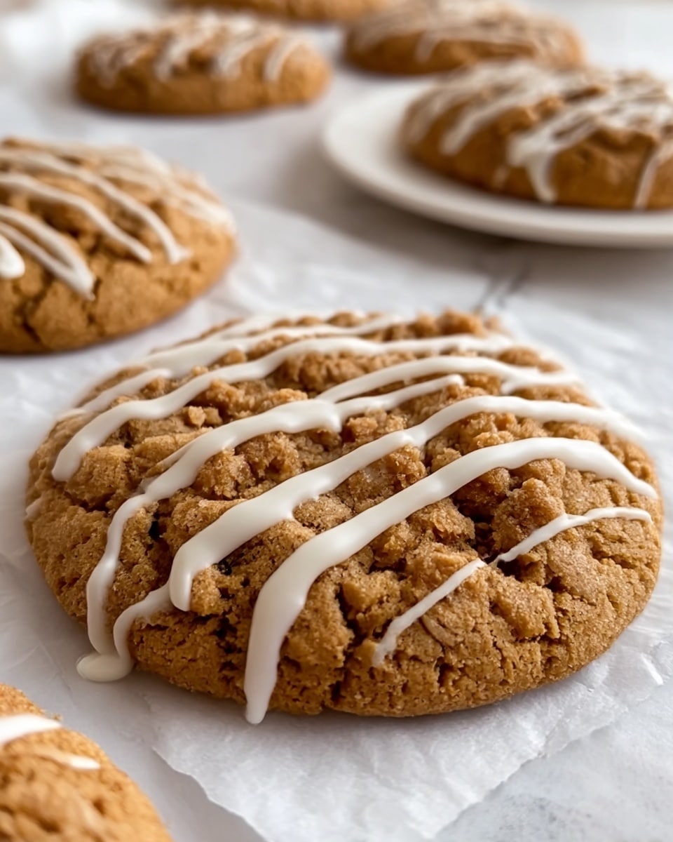The image shows large, soft brown cookies with a crumbly texture and topped with thin white icing drizzles. The cookies lie on white parchment paper on a white marbled surface, with some cookies blurred in the background and one placed on a white plate. The close-up view highlights the rough, bumpy surface of the cookies and the contrast between the brown cookie and the smooth white icing drips. photo taken with an iphone --ar 4:5 --v 7