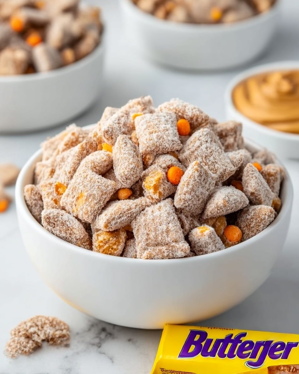 A white bowl filled with multiple square cereal pieces covered in a light brown sugary coating, scattered with small chunks of orange candy bits mixed throughout. The bowl sits on a white marbled surface with a blurred bowl of smooth peanut butter and another white bowl containing more cereal pieces in the background. A Butterfinger candy bar in bright yellow packaging lies in front of the bowl, partially visible. photo taken with an iphone --ar 4:5 --v 7