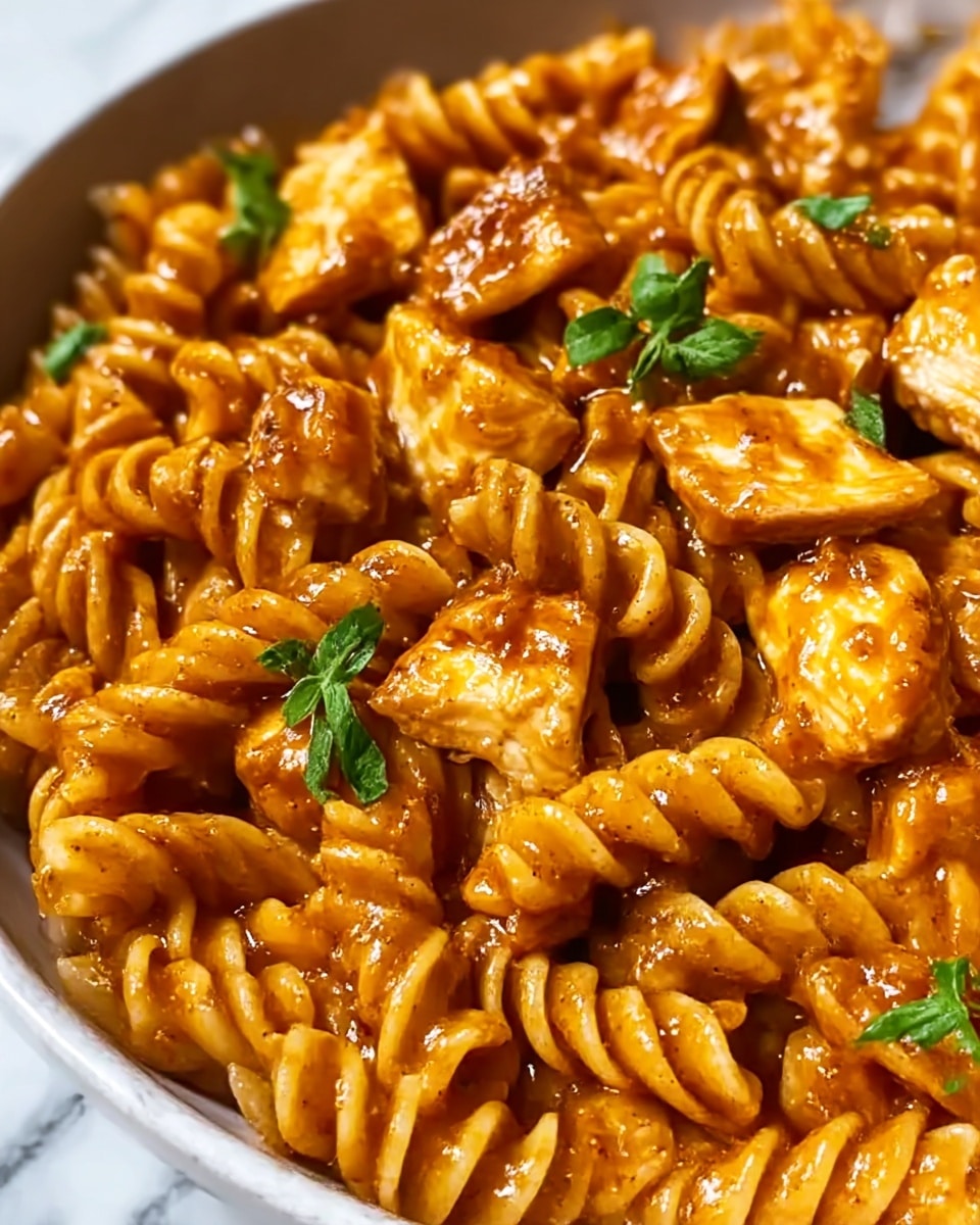 The image shows a close-up of rotini pasta mixed with small chunks of cooked chicken. The pasta is covered in a rich, brown sauce that looks thick and glossy, giving it a shiny texture. The chicken pieces are scattered throughout the pasta, cooked to a light golden brown with some specks of seasoning visible. Small bits of green herbs are sprinkled on top for a fresh touch. This dish is placed on a white, marbled surface, creating a clean and bright background. Photo taken with an iphone --ar 4:5 --v 7