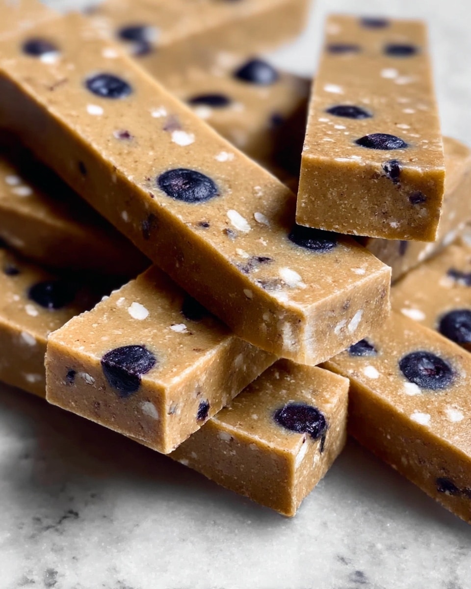 Several rectangular bars of a tan-colored dessert are stacked on top of each other. Each bar has a smooth, dense texture with small white specks scattered throughout. Embedded within the bars are several round, dark purple or black berries, spaced irregularly but clearly visible on the surface. The bars have clean, sharp edges and a solid, uniform look. The close-up view highlights the contrast between the tan base and the deep color of the berries, all set against a white marbled texture. Photo taken with an iphone --ar 4:5 --v 7