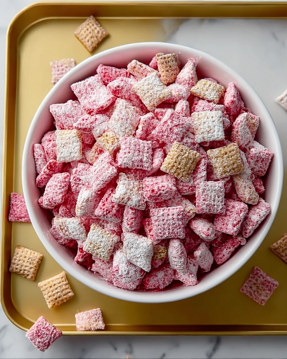 A white bowl is filled with a large amount of square cereal pieces mixed together; most pieces are bright pink and dusted heavily with white powder, while some are light tan without powder. The cereal pieces have a textured, waffle-like pattern. The bowl sits on a gold tray, which rests on a white marbled surface. A few cereal pieces are scattered loosely on the tray around the bowl. Photo taken with an iphone --ar 4:5 --v 7