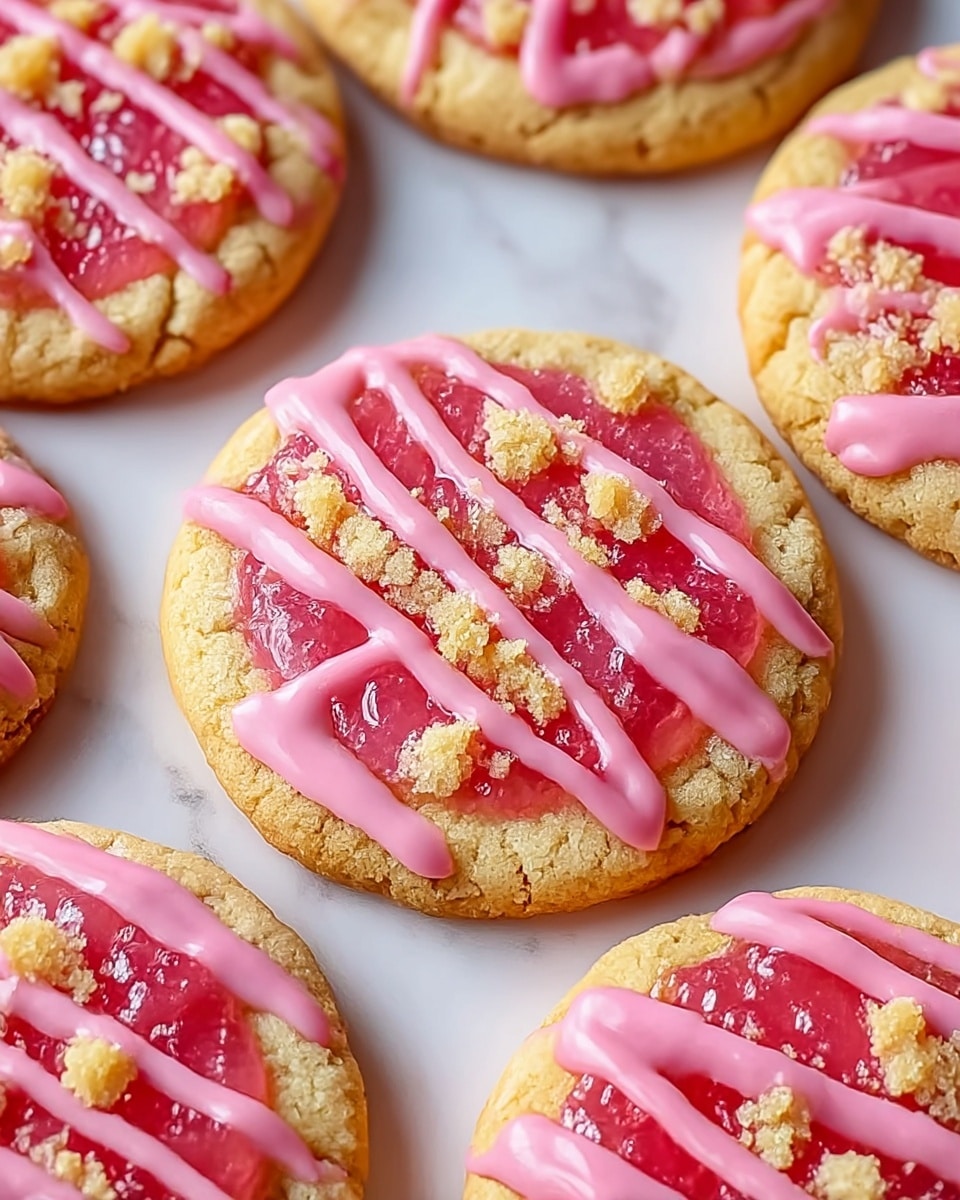 The image shows close-up of round cookies arranged on a white marbled surface. Each cookie has a golden brown, slightly cracked base layer with a soft texture. On top of this is a layer of bright pink jelly-like filling that looks glossy and slightly translucent. Over the jelly, there are light golden crumbly bits scattered unevenly, adding a crumb texture. Pink icing is drizzled thickly across each cookie in wavy lines, glossy and smooth with a rich color. The cookies are positioned close to each other, filling the frame. photo taken with an iphone --ar 4:5 --v 7