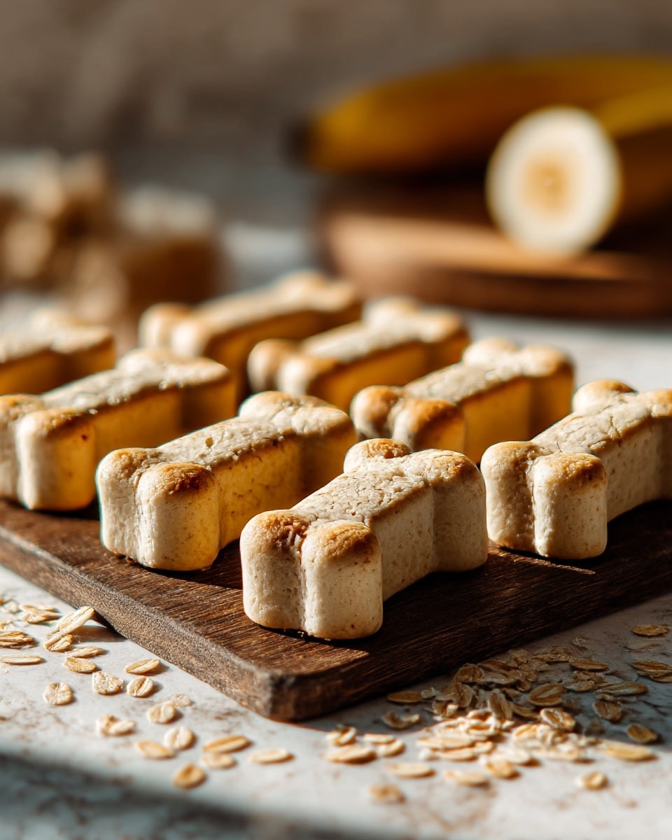 The image shows several small bone-shaped biscuits arranged in neat rows on a wooden board. Each biscuit has a golden-brown color, with a slightly rough texture that looks crunchy. The biscuits have a defined shape with rounded ends and a crease in the middle, giving them a bone-like appearance. Around the board, there are a few scattered oat flakes and a blurry round biscuit in the background on a white marbled surface. The lighting highlights the biscuits' crispy exterior, casting soft shadows that emphasize their shape and texture. Photo taken with an iphone --ar 4:5 --v 7