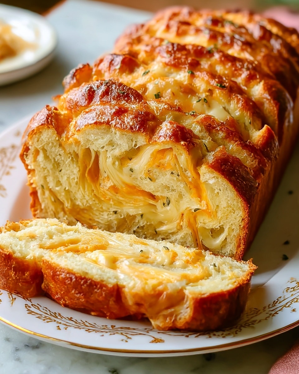 A loaf of cheese bread is sliced on a white plate with a gold pattern, showing a thick outer crust that is golden brown and slightly crisp. The inside has multiple layers of soft bread with melted cheese swirled through, creating creamy, light yellow and orange layers that look gooey and stretchy. The cheese is browned and bubbly on top with some herbs sprinkled lightly within the bread. The plate is placed on a white marbled surface with soft, warm light enhancing the textures of the crust and melted cheese. Photo taken with an iphone --ar 4:5 --v 7