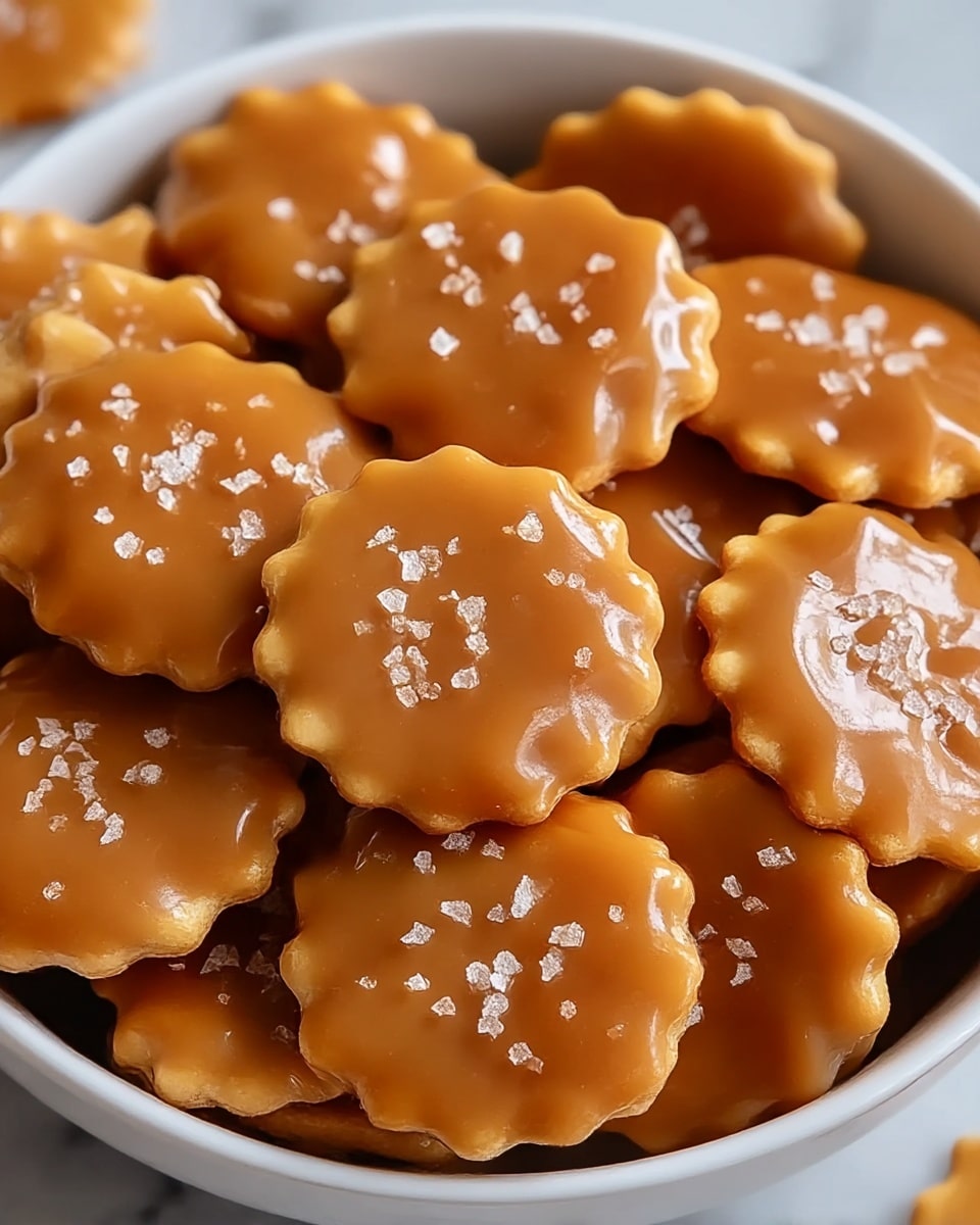 A close-up view of a white bowl filled with round crackers covered with smooth, shiny caramel sauce, each cracker topped with coarse sea salt crystals. The caramel is thick and glossy, coating the light golden crackers fully. The crackers have a slightly scalloped edge, and the salt adds a sparkling texture on top. The bowl sits on a white marbled surface. photo taken with an iphone --ar 4:5 --v 7