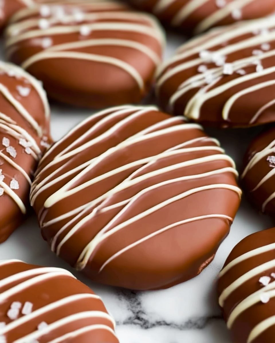 A close-up view of several oval-shaped cookies stacked on a white plate with a white marbled surface underneath. Each cookie has a smooth, shiny milk chocolate coating and is decorated with thin, wavy white chocolate lines running horizontally across the top. Some cookies have small white sprinkles on them, adding texture. The colors are mostly rich brown for the milk chocolate and creamy white for the drizzled lines, creating a pleasing contrast. Photo taken with an iphone --ar 4:5 --v 7