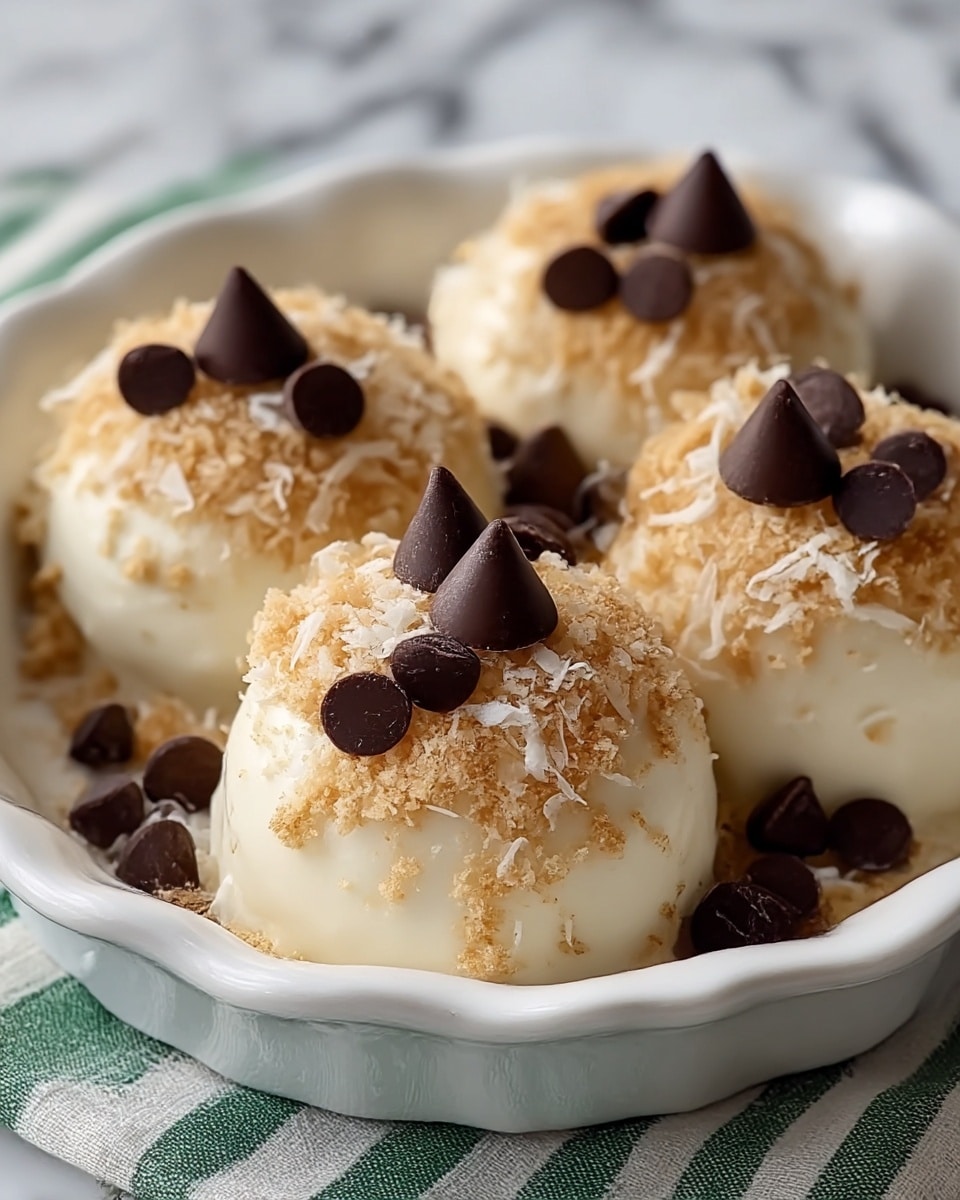 The image shows four soft, creamy white scoops of a dessert in a white dish with a wavy edge, each scoop topped with two layers of toppings: small brown crumbly bits and shredded white coconut flakes, scattered unevenly on top, along with dark brown chocolate chips placed on each scoop and around the edges. The dish is placed on a white marbled surface with a green striped cloth partially visible underneath. photo taken with an iphone --ar 4:5 --v 7