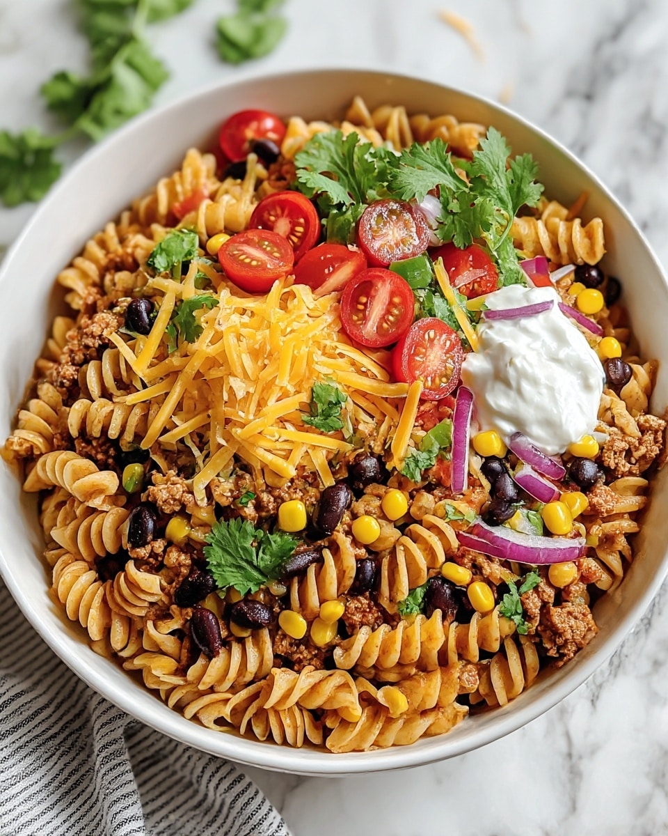 A white bowl filled with a colorful pasta dish showing one main layer of spiral pasta coated lightly in sauce, mixed with small browned ground meat pieces, yellow corn kernels, and black beans scattered evenly. On top, there are halved bright red cherry tomatoes, bits of green bell pepper, thin slices of red onion, shredded yellow cheese, dollops of white sour cream, and fresh green cilantro leaves spread across the dish. The bowl rests on a white marbled surface with a striped cloth partially visible under one side. Photo taken with an iphone --ar 4:5 --v 7