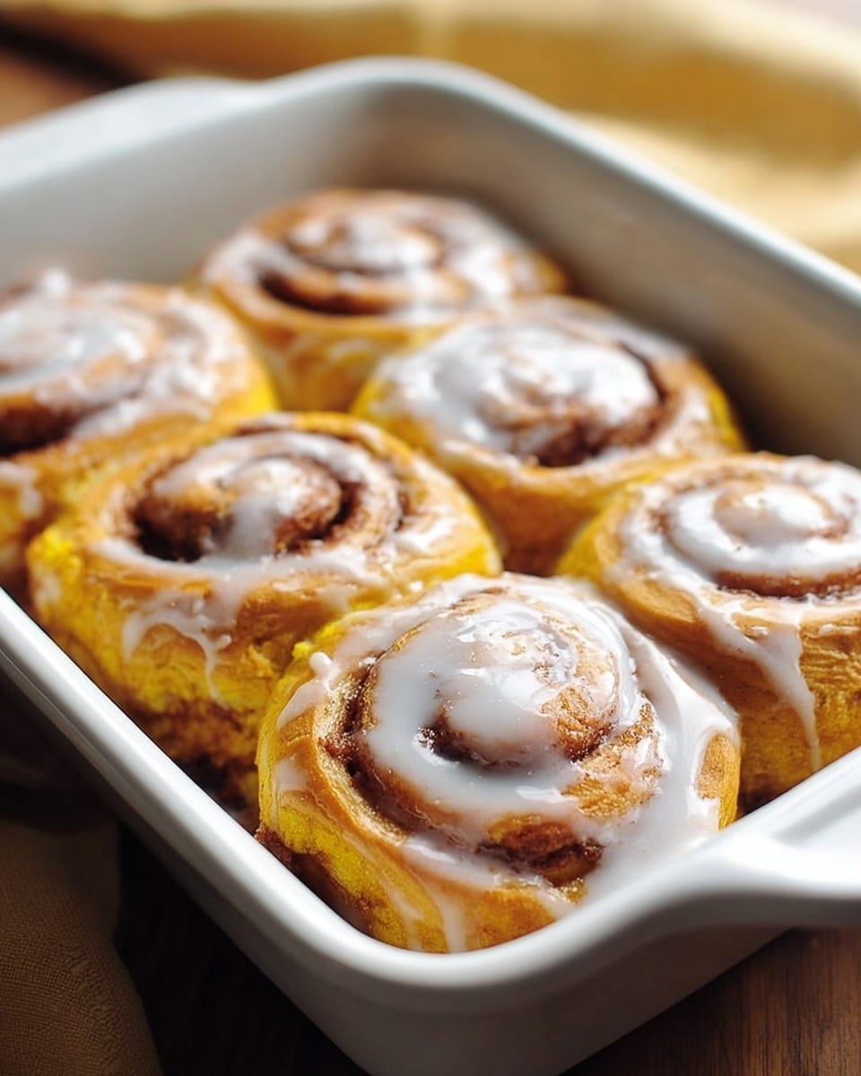 A white baking dish holds six cinnamon rolls arranged in two rows of three, each roll with a golden-brown outer layer that is soft and slightly fluffy. The rolls have a visible spiral pattern showing a dark brown cinnamon sugar filling inside, contrasting with the lighter dough. On top of each roll is a smooth, shiny layer of white icing drizzled unevenly, partially covering the spirals and pooling a bit in the gaps between the rolls. The dish sits on a white marbled texture surface, and the background is softly blurred, focusing attention on the warm, freshly baked rolls. photo taken with an iphone --ar 4:5 --v 7