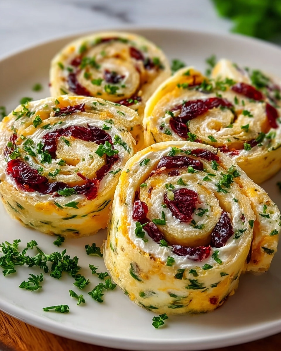 Four spiral pinwheel snacks are arranged on a white plate, set on a white marbled surface. Each pinwheel has three visible layers: the outer layer is a soft, light golden yellow wrap with some green herb specks, the middle layer is creamy white, smooth and thick, and the inner layer has deep red pieces that look like dried cranberries, scattered evenly in spirals. Small chopped green herbs are sprinkled on top of the pinwheels and around them on the plate, adding freshness. The textures show clear separation between the soft wrap, creamy filling, and dried red fruit bits. photo taken with an iphone --ar 4:5 --v 7