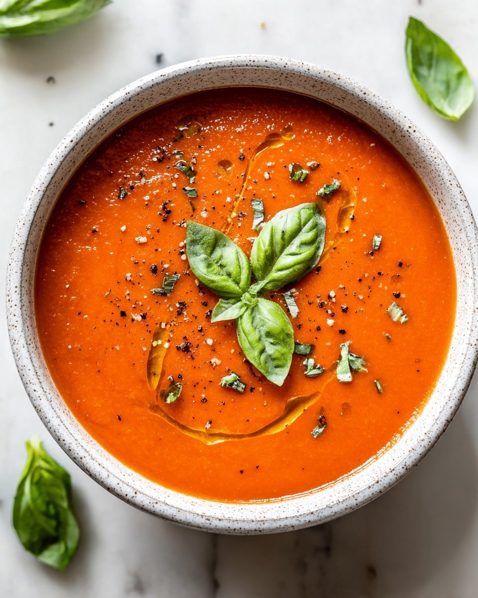 A bowl of smooth, thick tomato soup with a rich orange-red color fills a white speckled ceramic bowl. The soup’s surface is garnished with a few drops of olive oil, sprinkled black pepper, and coarse salt. In the center, three fresh green basil leaves rest on top, surrounded by small chopped basil pieces scattered lightly across the soup. The bowl sits on a white marbled surface with a few more fresh basil leaves placed around it. Photo taken with an iphone --ar 4:5 --v 7