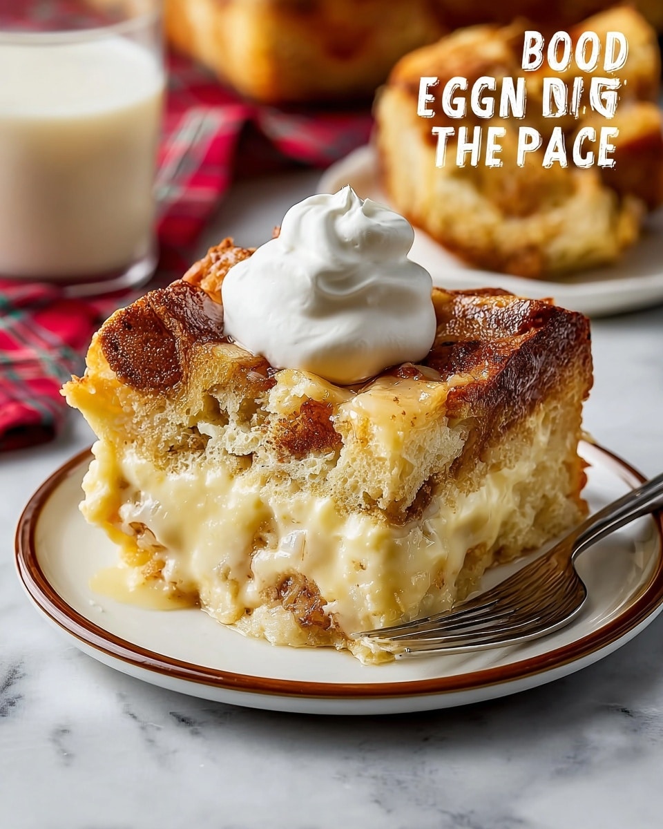 A thick slice of eggnog bread pudding sits on a white plate with a brown rim, showing three visible layers: the bottom layer is light golden and soft with bits of bread, the middle layer is creamy and pale yellow with baked custard texture mixed in, and the top layer is golden brown with slightly crisp, raised edges. On top of the pudding is a dollop of white whipped cream that looks smooth and fluffy. A silver fork rests on the right side of the plate. The plate is set on a white marbled surface, with a blurred background featuring a small stack of more bread pudding and part of a glass of milk. photo taken with an iphone --ar 4:5 --v 7