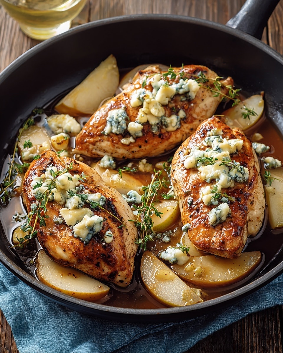 The image shows three golden-brown cooked chicken breasts placed closely in a black skillet. Each chicken breast is topped with small chunks of creamy blue cheese and garnished with green sprigs of fresh thyme and a few slices of light yellow pear. Around the chicken inside the skillet, more pear slices float in a rich, glossy brown sauce that slightly pools at the bottom. The skillet is set on a soft blue cloth resting on a wooden surface. The whole scene has warm, natural lighting. photo taken with an iphone --ar 4:5 --v 7