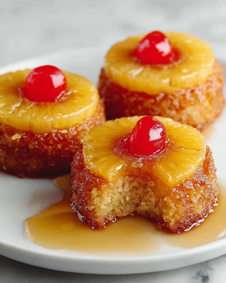 Three small upside-down pineapple cakes are placed on a white plate with a white marbled texture background. Each cake has a golden brown base with a moist, crumbly texture, topped with one bright yellow pineapple ring that looks soft and juicy. On top of each pineapple ring sits a shiny red cherry, adding a pop of color. Syrup glistens over the cakes and pools slightly around their bases. One cake in the front has a bite taken out of it, showing the soft inside. Photo taken with an iphone --ar 4:5 --v 7