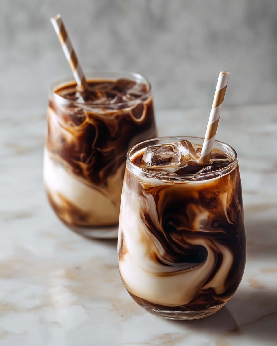 Two round clear glasses filled with iced coffee drinks sit on a white marbled texture. Each glass has layers of creamy light beige liquid mixed with dark brown swirls of chocolate or coffee, creating a marbled pattern inside and on top. Both drinks have a striped paper straw sticking out, one closer to the camera and one further back, with the liquid showing some small ice cubes. The light reflects softly on the glasses, highlighting the swirls and textures. photo taken with an iphone --ar 4:5 --v 7