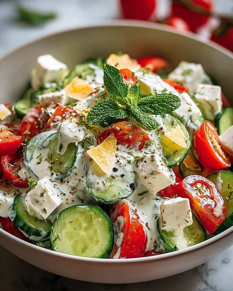 A bowl of fresh salad with three main visible layers: the bottom layer is made of thin green cucumber slices arranged evenly, the middle layer has bright red cherry tomato halves scattered among cubes of white cheese, and the top layer is creamy white dressing drizzled generously with specks of green herbs and black pepper, garnished with small light yellow cheese shards and a sprig of fresh mint on top, all served in a white bowl on a white marbled surface photo taken with an iphone --ar 4:5 --v 7