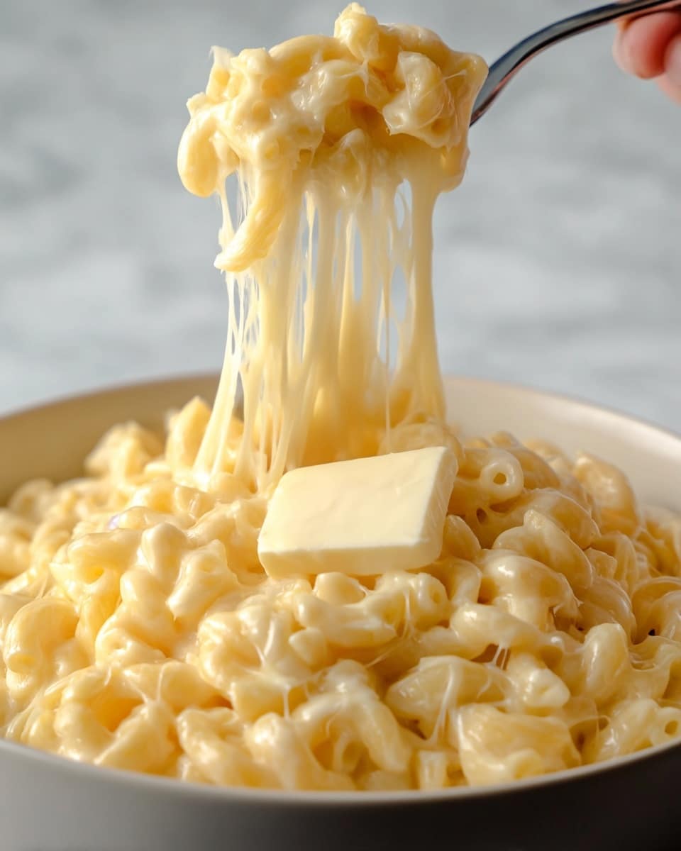 A close-up view of creamy macaroni and cheese in a white bowl, showing one layer of soft, yellow pasta covered in rich melted cheese sauce. On the top of the pasta, there is a shiny square of butter slowly melting, adding a smooth texture. A woman's hand is lifting some pasta with a fork, pulling the noodles upwards in a thick, gooey stretch of cheese. The background is a white marbled texture, highlighting the golden tones of the dish. photo taken with an iphone --ar 4:5 --v 7