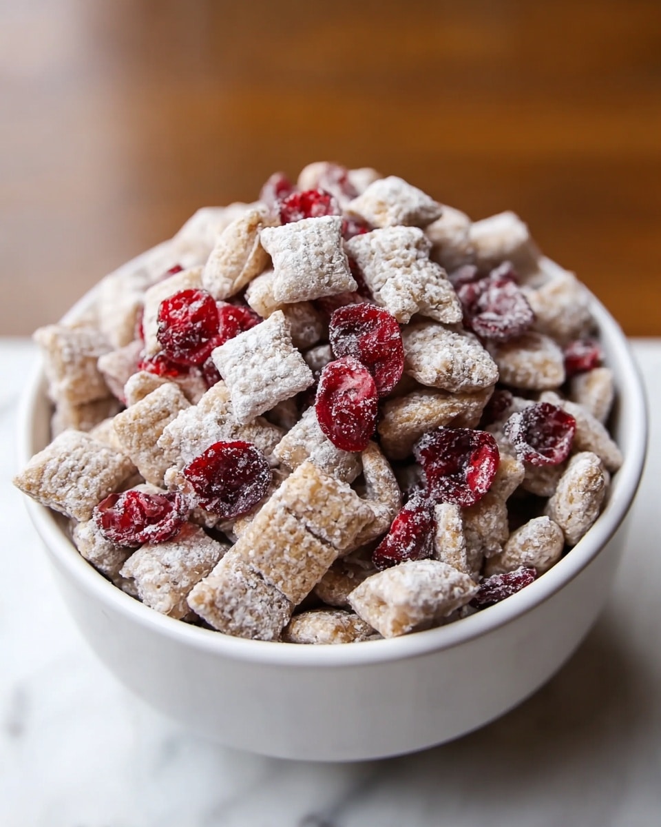 A white bowl is filled to the top with small, square cereal pieces that are light tan and covered in a fine white powdered sugar coating, giving them a soft, dusty texture. Mixed in evenly are bright red dried cranberries, adding contrast with their glossy, slightly wrinkled surface. The bowl sits on a white marbled textured surface, and the cereal pieces and cranberries are piled high, showing a mix of rough and smooth textures in the close-up view. photo taken with an iphone --ar 4:5 --v 7